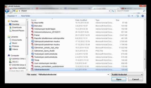 Valitaan haluttu tiedosto omalta koneelta, tässä tapauksessa
