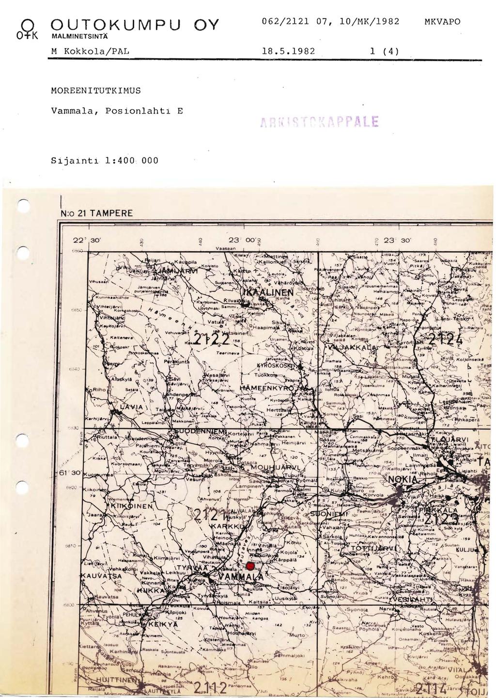 OUTOKUMPU MALMINETSINTÄ M Kokkola/PAL OY 062/2121 07, 10/MK/1982 MKVAPO 18.5.