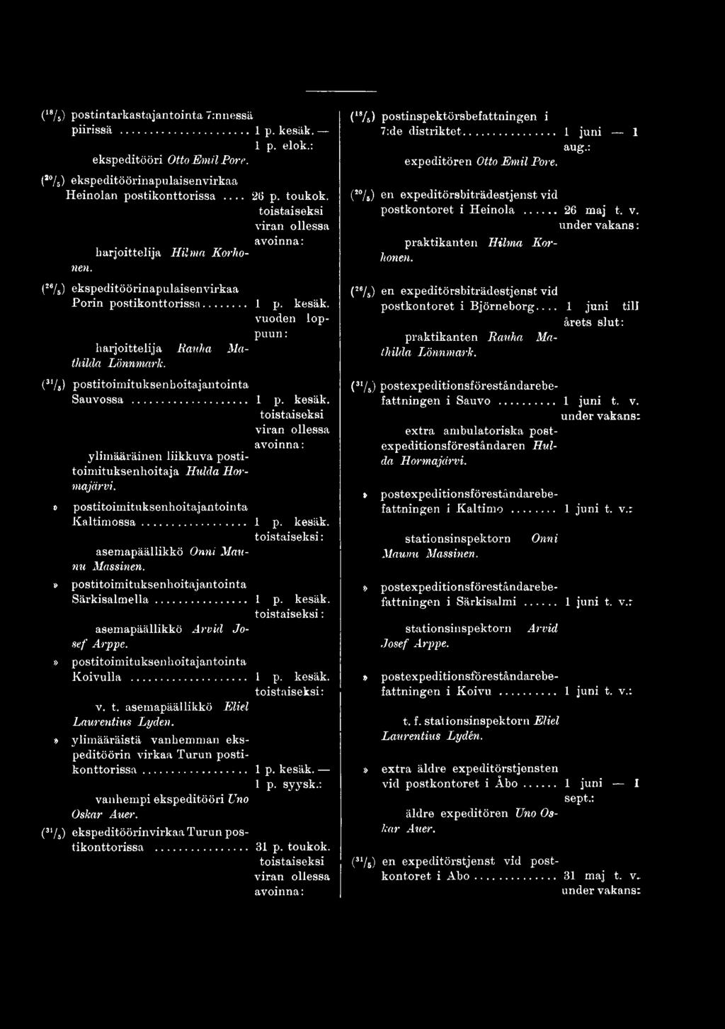 » postitoimituksenhoitajantointa Koivulla... 1 p. kesäk. toistaiseksi: v. t. asemapäällikkö Eliel Laurentius Lyden.» ylimääräistä vanhemman ekspeditöörin virkaa Turun postikonttorissa... l p. kesäk. 1 p. syysk.