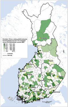 KUVA 7.9. Ammatillisessa koulutuksessa vähintään kolmen koulutusalan saavutettavuus 10 