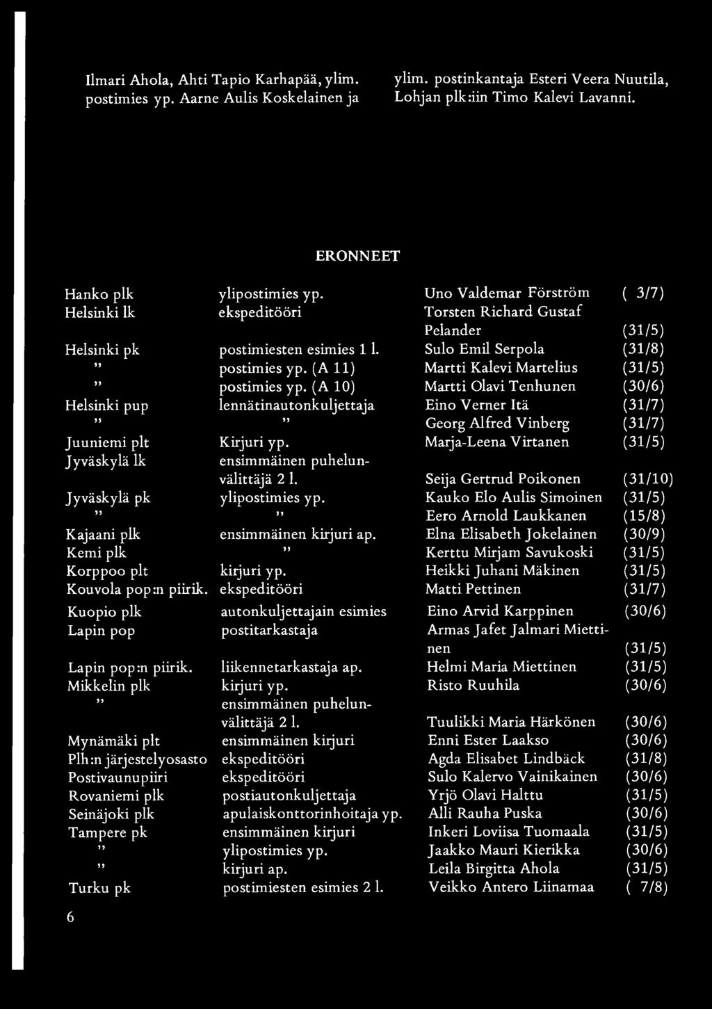 (A 11) Martti Kalevi Martelius (31/5) postimies yp. (A 10) Martti Olavi Tenhunen (30/6) Helsinki pup lennätinautonkuljettaja Eino Verner Itä (31/7) Georg Alfred Vinberg (31/7) Juuniemi plt Kirjuri yp.