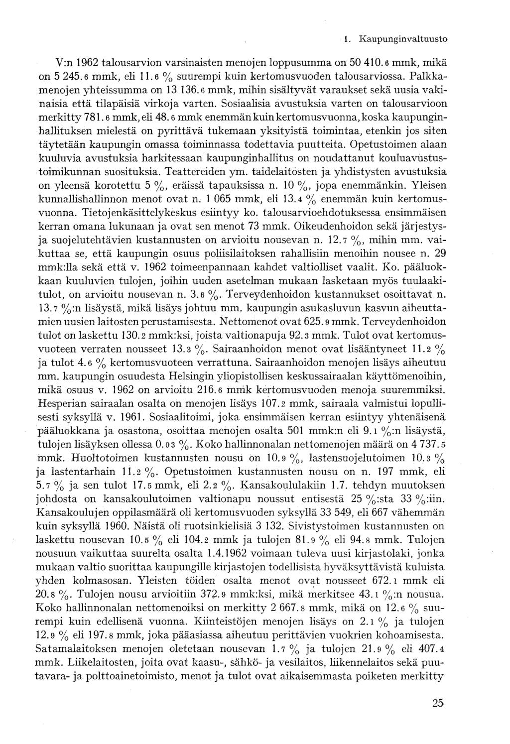 V:n 1962 talousarvion varsinaisten menojen loppusumma on 50 410.6 mmk, mikä on 5 245.6 mmk, eli 11.6 % suurempi kuin kertomusvuoden talousarviossa. Palkkamenojen yhteissumma on 13 136.