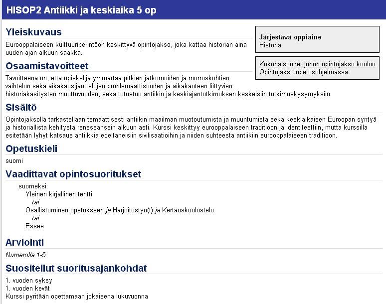 Kuva 4. Opintojakson esitys (kuva rajattu selkeyden vuoksi) <ks. http://www10.uta.fi/opas/opintojakso.htm?