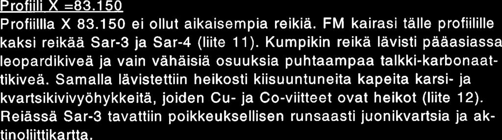 Samalla lavistettiin heikosti kiisuuntuneita kapeita karsi- ja kvartsikivivyohykkeita, joiden Cu- ja Co-viitteet ovat heikot (liite 12).