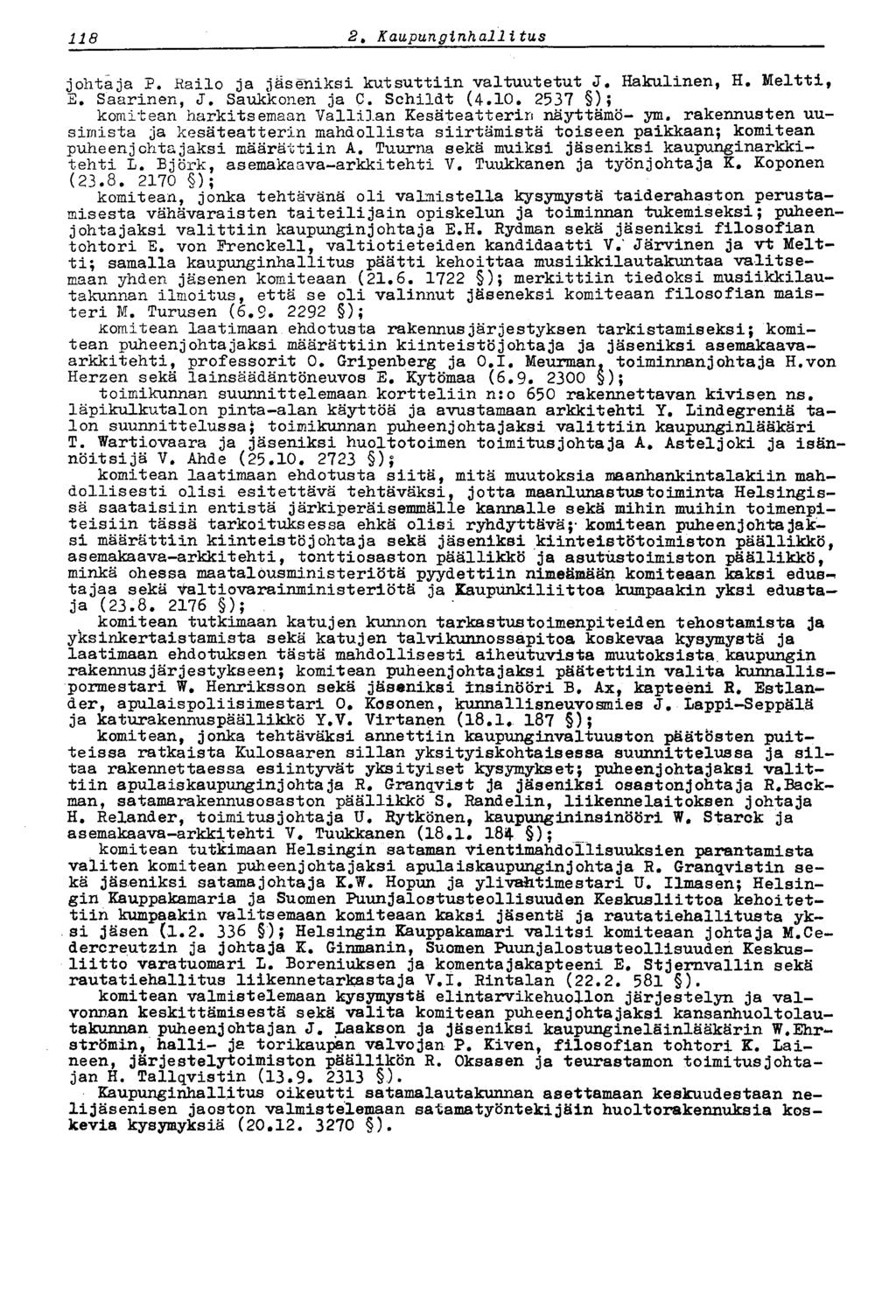 118 2, Kaupunginhallitus johtaja P. Railo ja jäseniksi kutsuttiin valtuutetut J. Hakulinen, H. Meltti, E. Saarinen, J. Saukkonen ja C. Schildt (4.