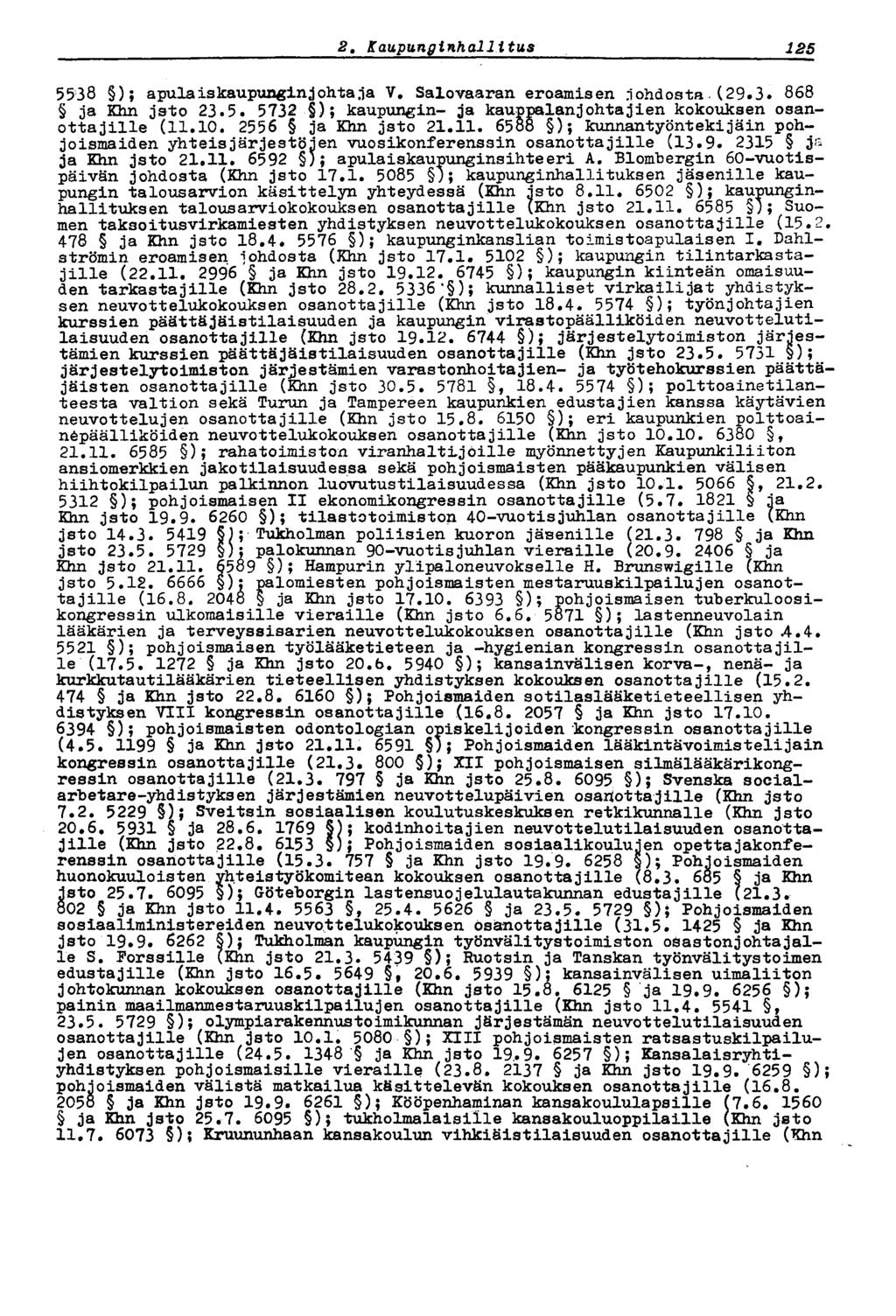 1252,Kaupunginhallitus 5538 ); apulaiskaupunginjohta ja V. Salovaaran eroamisen johdosta.(29.3. 868 ja Khn jsto 23.5. 5732 ); kaupungin- ja kauppalanjohtajien kokouksen osanottajille (11.10.