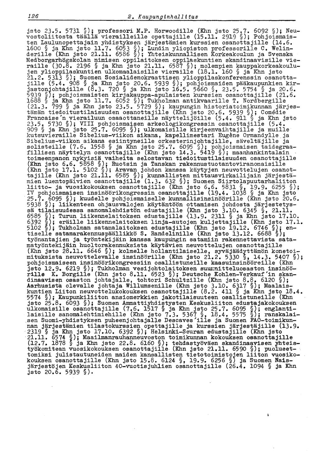 126 2 t Kaupunginhallitus jsto 23.5. 5731 ); professori M.P. Horwoodille (Khn jsto 25.7. 6092 ); Neuvostoliitosta täällä vierailleille opettajille (15.11.