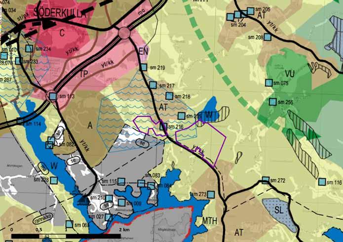 Ote Sipoon yleiskaavasta 2025. Asemakaavoitettu alue on lisätty karttaan lilalla rajauksella. Yleiskaavamerkinnät ja määräykset Utdrag ur Sibbo generalplan 2025.