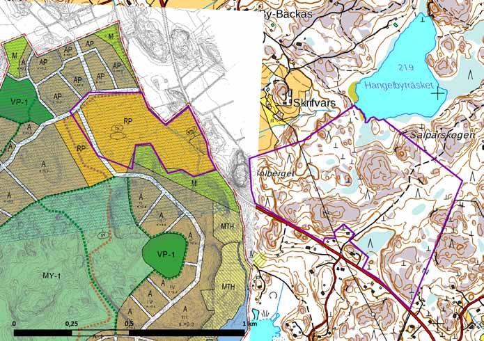 Ote Eriksänsin korjatusta osayleiskaavaehdotuksesta. Asemakaavoitettava alue on lisätty karttaan lilalla rajauksella.