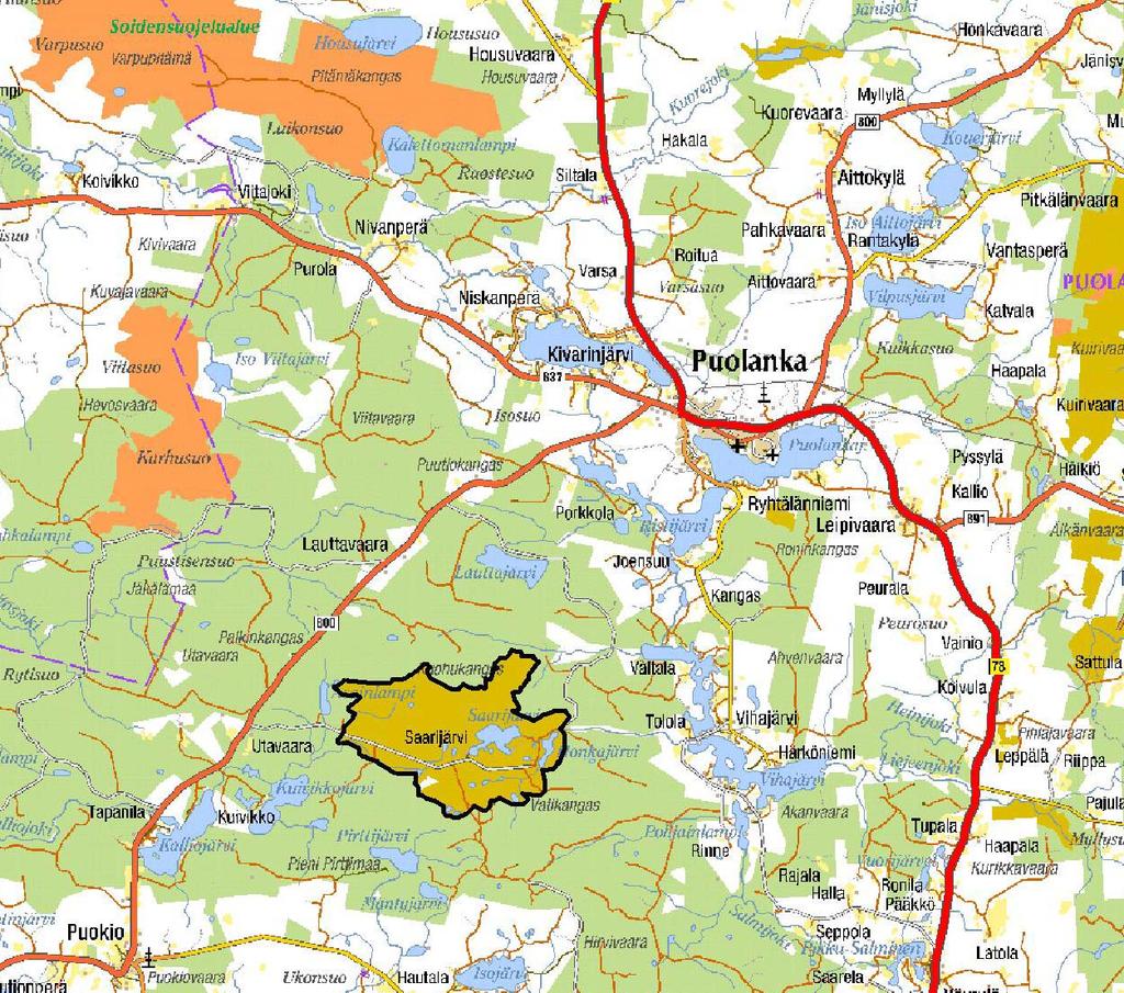 4 1 JOHDANTO Inventointialueen kuvaus. Saarijärven luonnonsuojelualue sijaitsee Puolangan kunnassa, noin 10 kilometriä keskustasta lounaaseen.