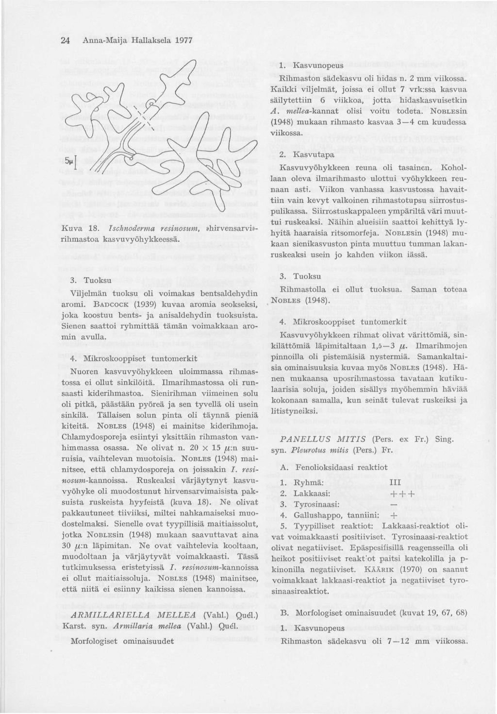 24 Anna-Maija Hallaksela 1977 1. Kasvunopeus Rihmaston sädekasvu oli hidas n. 2 mm viikossa. Kaikki viljelmät, joissa ei ollut 7 vrk:ssa kasvua säilytettiin 6 viikkoa, jotta hidaskasvuisetkin A.