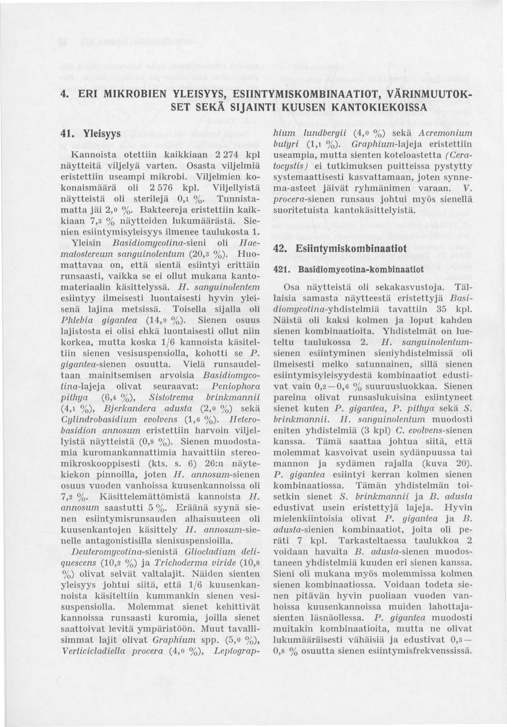 4. ERI MIKROBIEN YLEISYYS, ESIINTYMISKOMBINAATIOT, VÄRINMUUTOK- SET SEKÄ SIJAINTI KUUSEN KANTOKIEKOISSA 41. Yleisyys Kannoista otettiin kaikkiaan 2 274 kpl näytteitä viljelyä varten.