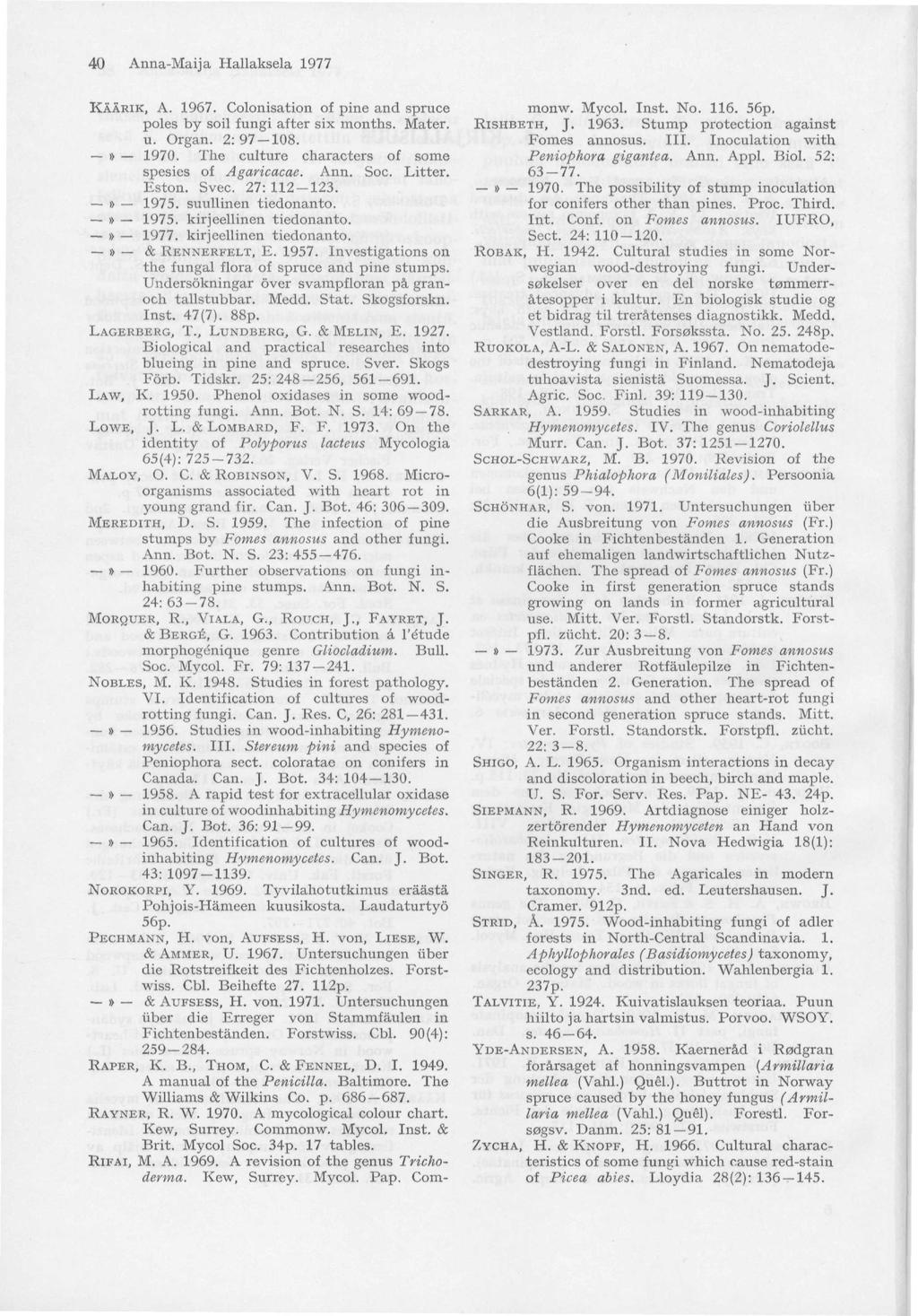 40 Anna-Maija Hallaksela 1977 KÄÄRIK, A. 1967. Colonisation of pine and spruce poles by soil fungi after six months. Mater. u. Organ. 2: 97 108.» 1970.