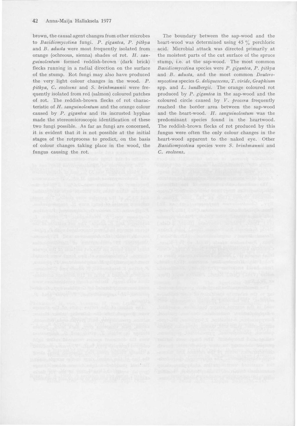 42 Anna-Maija Hallaksela 1977 brown, the causal agent changes from other microbes to Basidiomycotina fungi. P. gigantea, P. pithy a and B.