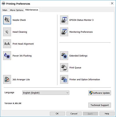 Ohjelmiston tiedot Huolto-välilehti Voit suorittaa ylläpitotehtäviä, kuten suutintestin ja tulostuspään puhdistuksen, ja voit tarkistaa tulostimen tilan ja vikatiedot käynnistämällä EPSON Status