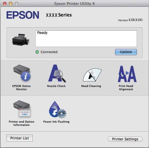 Ohjelmiston tiedot Jos Mac OS X v10.8.x -käyttöjärjestelmässä tai uudemmassa ei näy Tulostusasetukset -valikkoa, Epson-tulostinohjainta ei ole asennettu oikein.