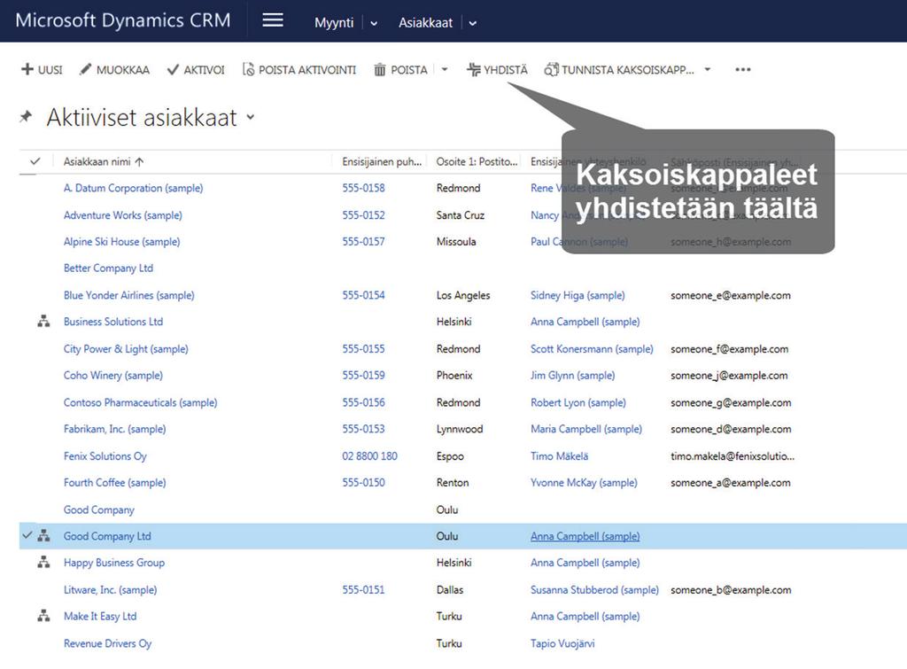 Asiakashierarkian tarkastelu napsauttamalla hierarkiaikonia 3.