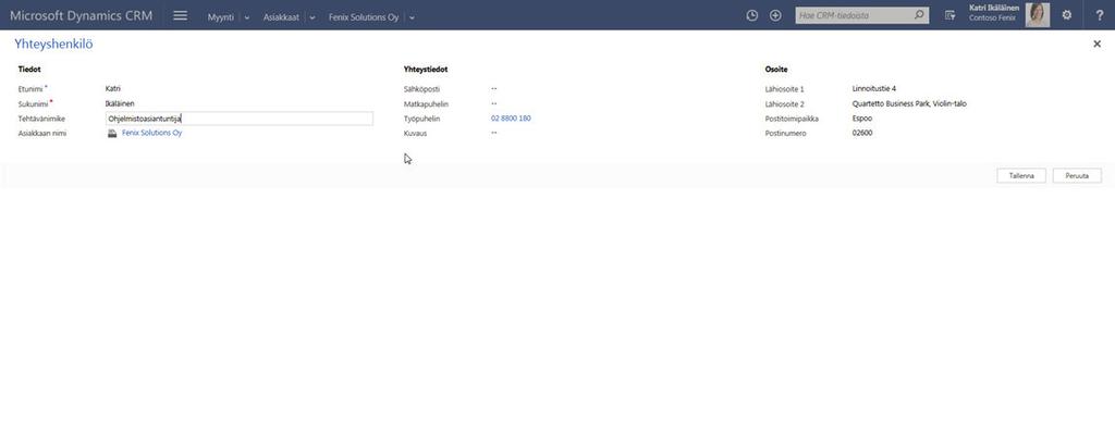 Yhteyshenkilön osoitetiedot saatu automaattisesti asiakkaalta Huomaathan, että manuaalinen tallennus