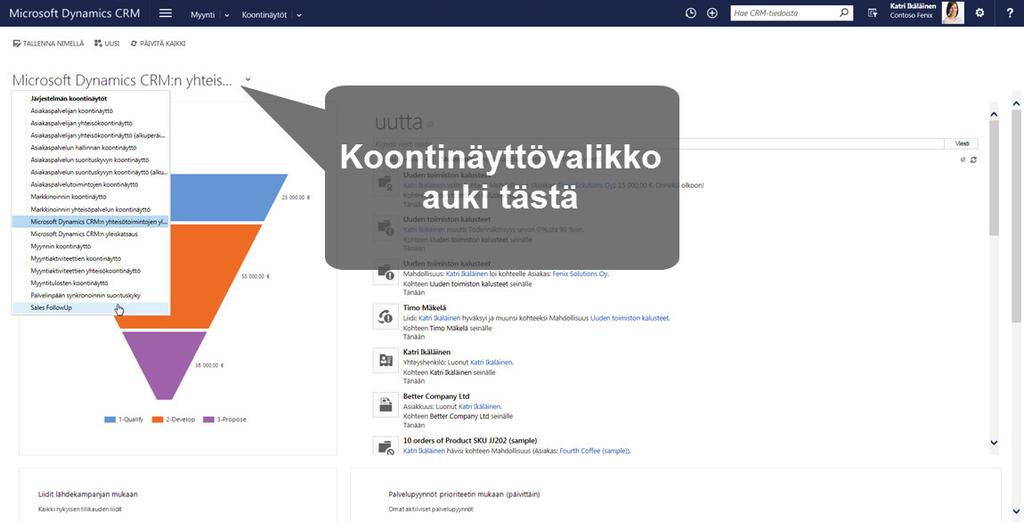 8 KOONTINÄYTÖT Dynamics CRM tarjoaa nopean tavan raportointiin koontinäyttöjen avulla.