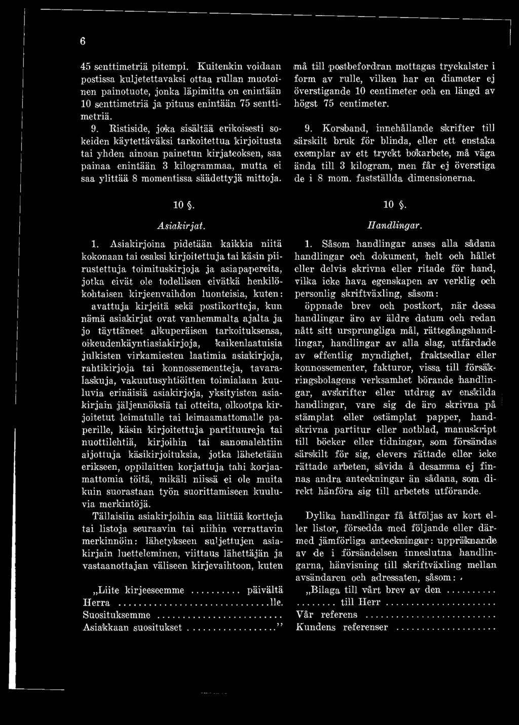 mittoja. särskilt bruk för blinda, eller ett enstaka exemplar av ett tryckt bokarbete, må väga ända till 3 kilogram, men får ej överstiga de i 8 mom. fastställda dimensionerna. 10. A sia k irja t. 10. H andlingar.