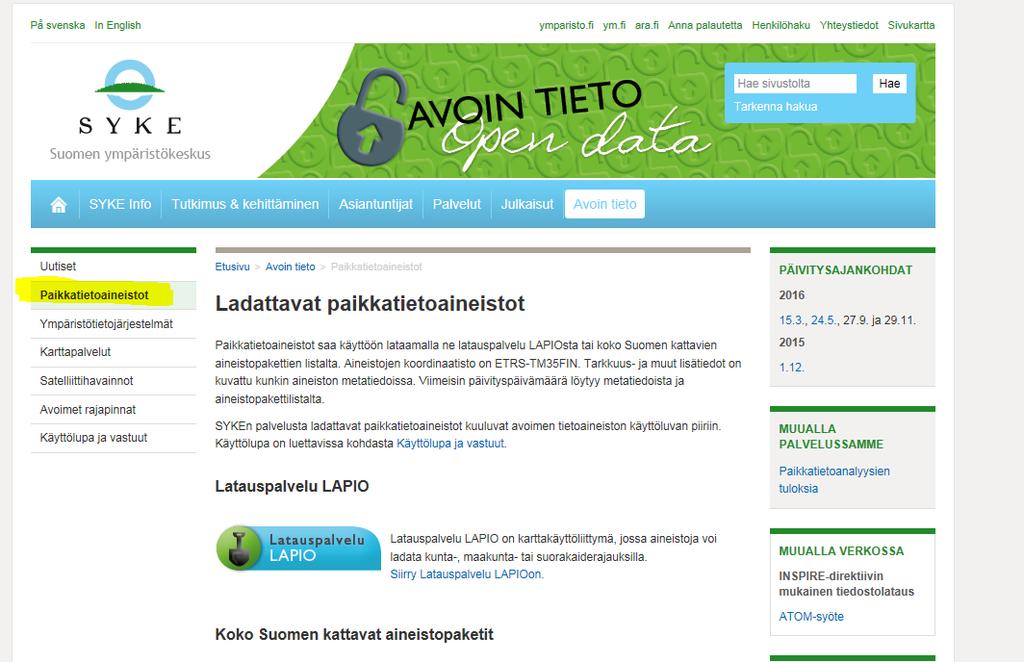 Ladattavat paikkatietoaineistot (LAPIO)