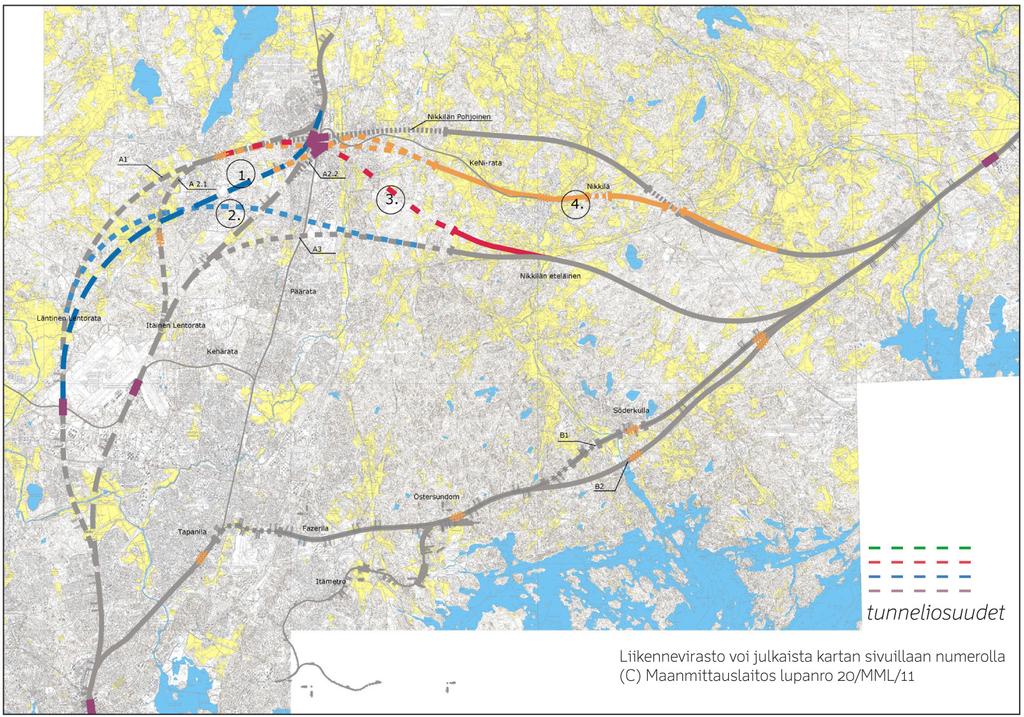 22 2. Läntinen Lentorata Nikkilän eteläinen (ei Hyrylän kautta) Tästä vaihtoehdosta on päätetty luopua, koska Lentoradan lisäksi tarvittava uusi rataosuus on pisin ja kallein, sekä sulkee pois