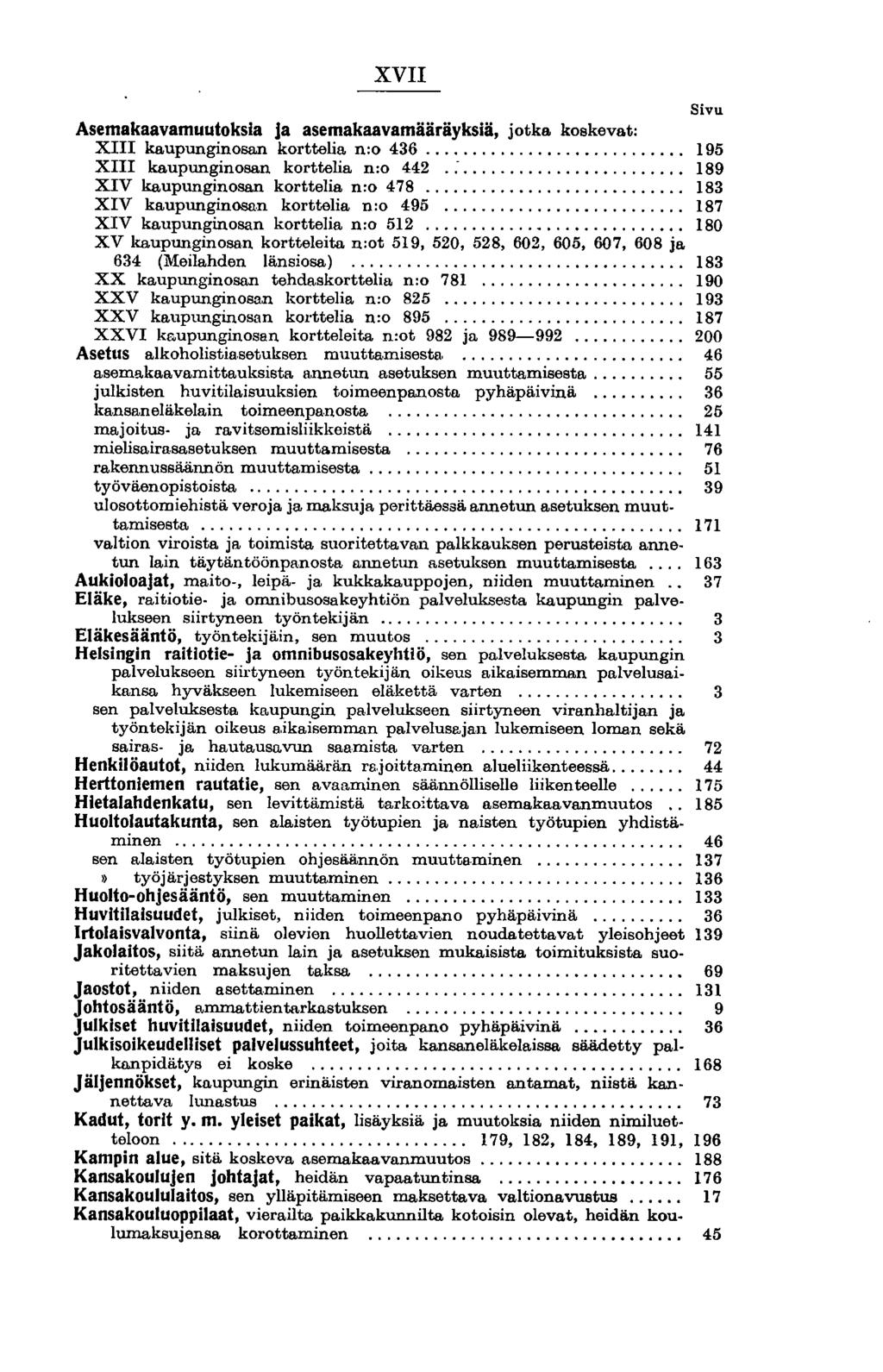 XVII Sivu Asemakaavamuutoksia ja asemakaavamääräyksiä, jotka koskevat: )(!!! kaupunginosan korttelia n:o 436... 195 )(II! kaupunginosan korttelia n:o 442.:... 189 nv kaupunginosan korttelia n:o 478.