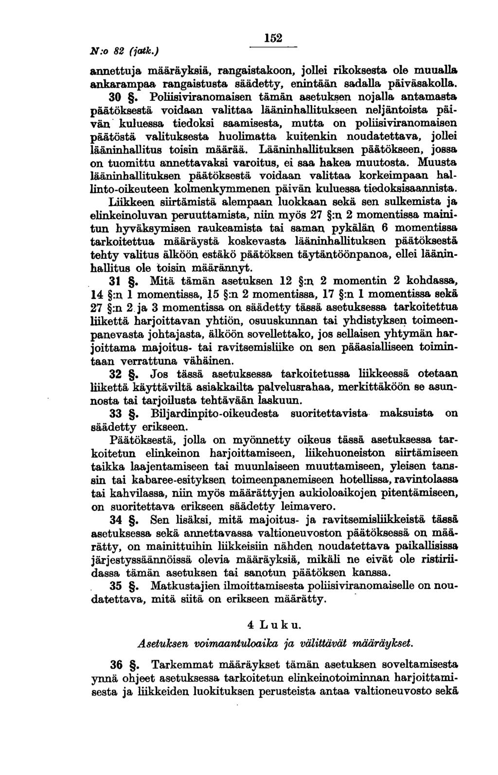 N:o 82 (jatk.) 152 annettuja määräyksiä, rangaistakoon, jollei rikoksesta ole muualla. a.nka.rampaa rangaistusta säädetty, enintään sadalla päiväsakolla. 30.