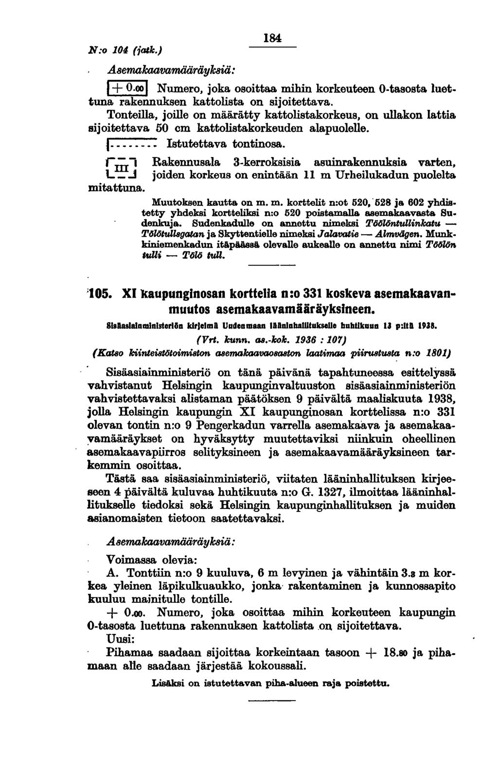 N:o 104 (jatk.) 184 ÅsemaTcaavamääräyksiä: 1+0.001 Numero, joka osoittaa. mihin korkeuteen O-tasosta luettuna rakennuksen kattolista on sijoitettava.