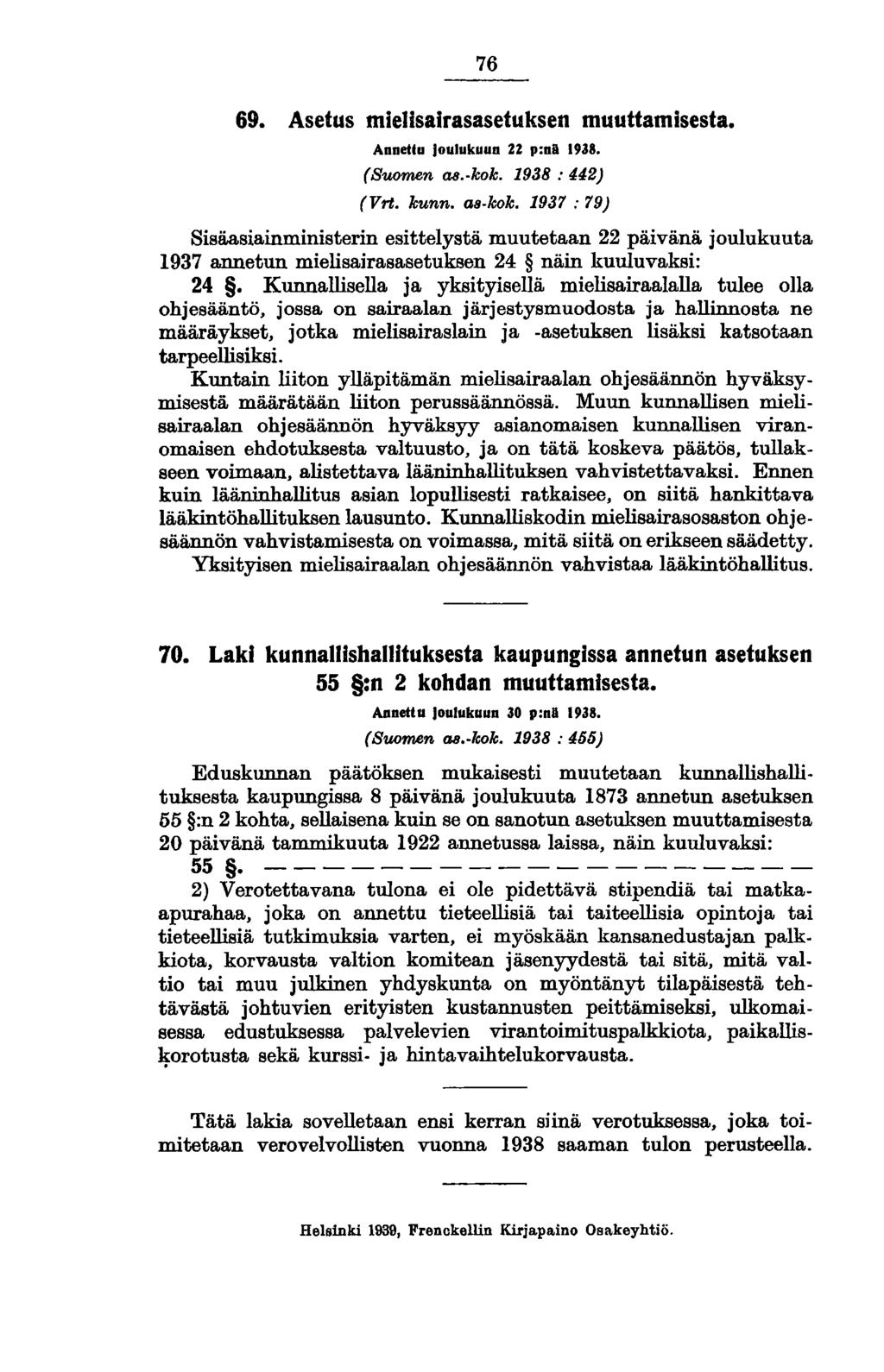 76 69. Asetus mieusairasasetuksen muuttamisesta. Annetlu Joulukuun %1 p:nil 1938. (Suomen aii. kok. 1938: 442) (Vrt. kunn. as kok.