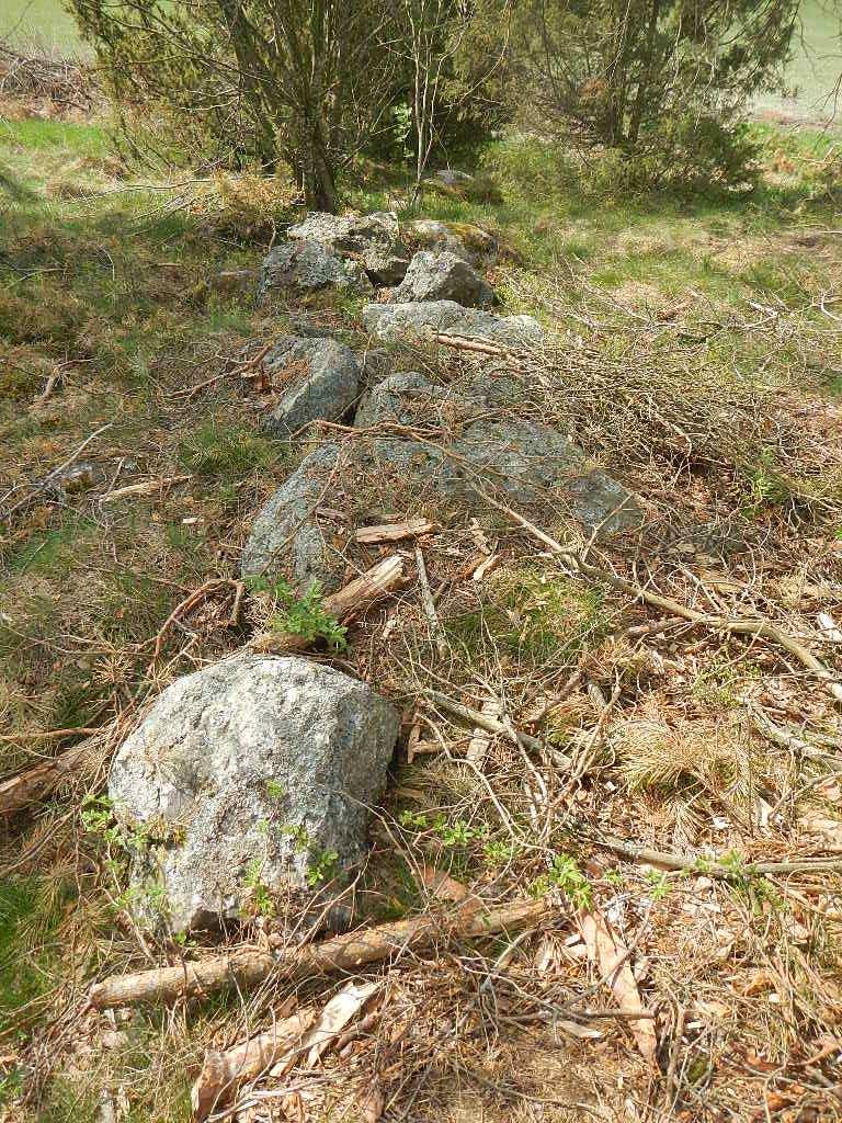 Metsäsaarekkeen edestä, kuvassa olevan repun kohdalta, löydettiin pii-iskos tai tuluspii (kohde 15.Laurilanmäki 15). Kuvattu koillisesta.