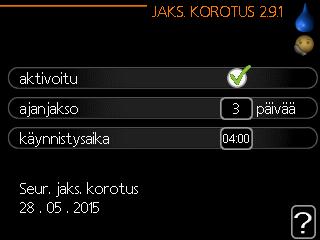 1 ajanjakso Säätöalue: 1-90 päivää Tehdasasetus: 14 päivää käyttöaika Säätöalue: 1-60 min Tehdasasetus: 60 min seisonta Säätöalue: 0-60 min Tehdasasetus: 0 min Tässä voit asettaa käyttövesikierron