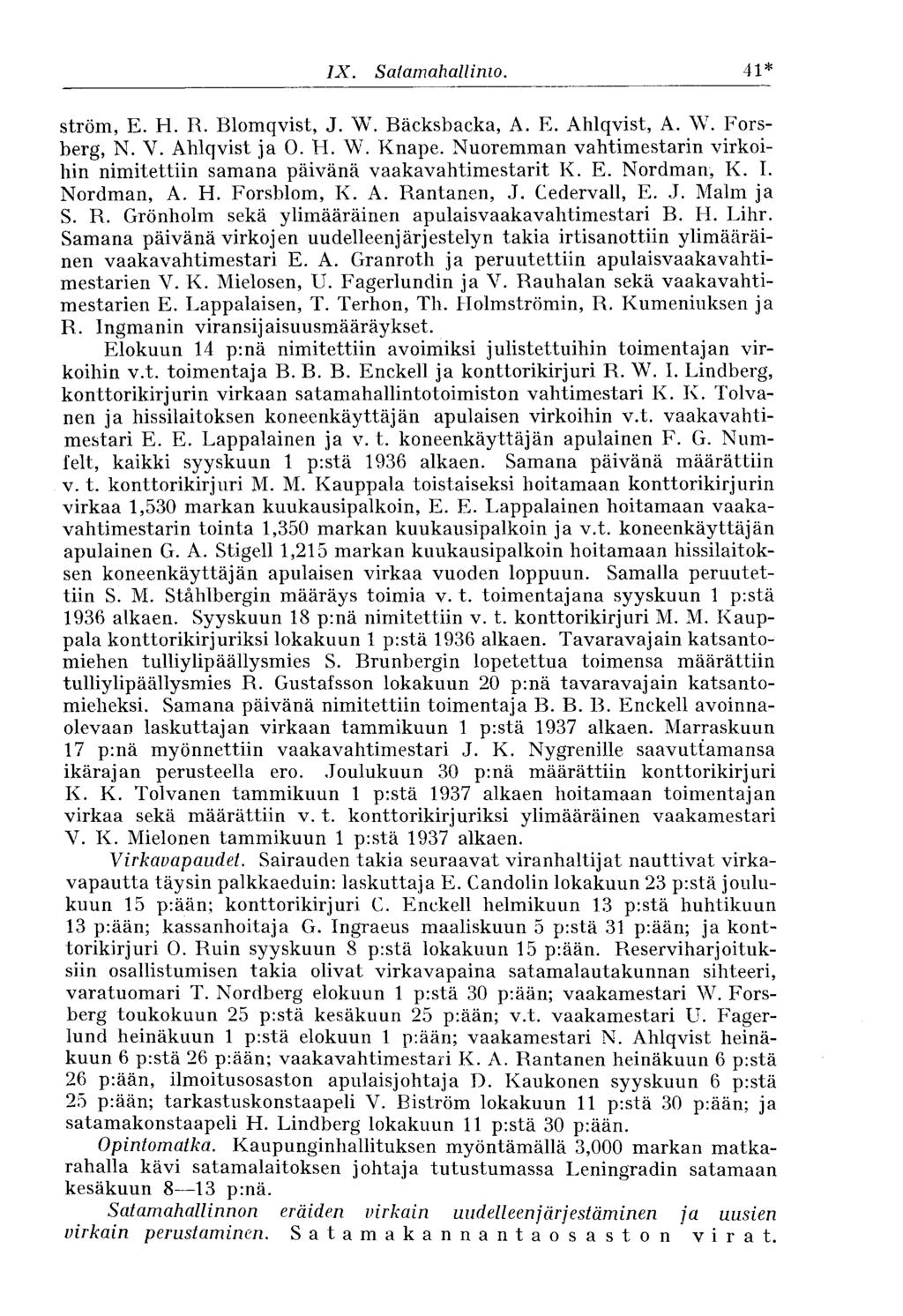 IX. Satamahallinio. 41* ström, E. H. R. Blomqvist, J. W. Bäcksbacka, A. E. Ahlqvist, A. \Y. Forsberg, N. V. Ahlqvist ja O. H. W. Knape.