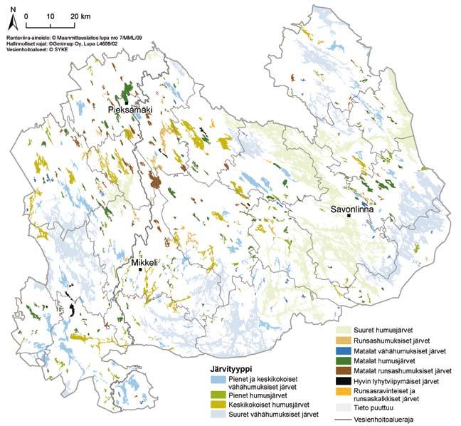 Kuva 1.4.1. Järvityypit Etelä-Savossa. Etelä-Savon järvipinta-alasta 37 % kuuluu suuret vähähumuksiset järvityyppiin ja noin 30 % suuret humusjärvet järvityyppiin.