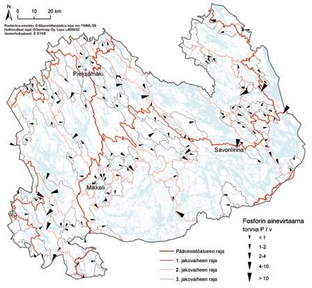 1.4. Kokonaisfosforin ainevirtaama 3. jakovaiheen vesistöalueiden (Ekholm 1993) purkupisteissä Etelä-Savossa.