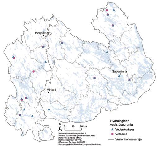 Kuva 5.2.2 Vesienhoidon seurantaohjelma Etelä-Savossa: hydrologinen vesistöseuranta. 5.3.