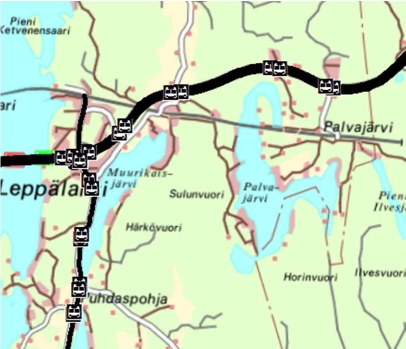 y101 /Leppälahden osayleiskaava/kaavaselostus 23.5.2017 (24) Kuva 14 Kaava-alueen linja-autopysäkit. 2.2.11 Liikenne ja melu Alueen tieverkkorungon muodostaa valtatie 9 ja Leppälahdentie.