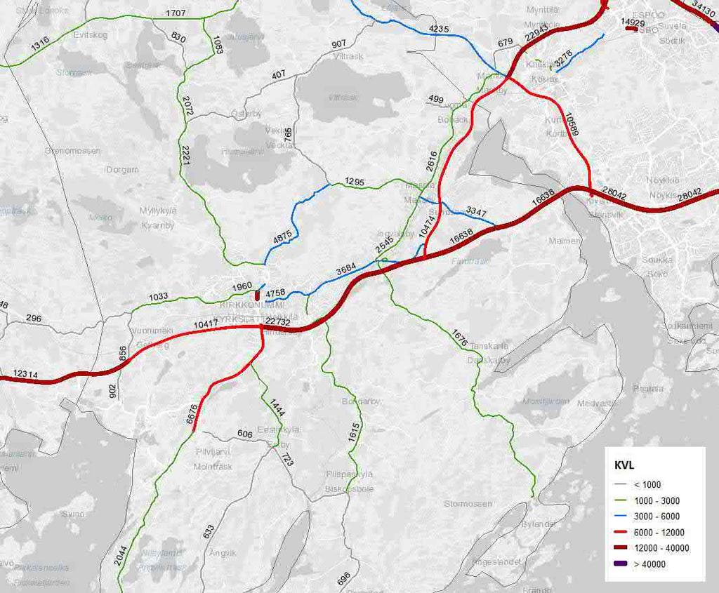 13 Kuva 5. Kirkkonummen tieverkon nykyiset liikennemäärät (keskivuorokausiliikenne, ajoneuvoa/vrk, Liikennevirasto 215).