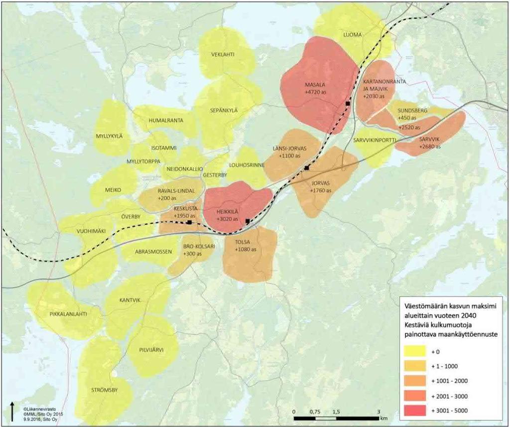 25 Kuva 14. Väestömäärän kasvun maksimi alueittain vuoteen 24, kestäviä kulkumuotoja painottava maankäytön ennuste.