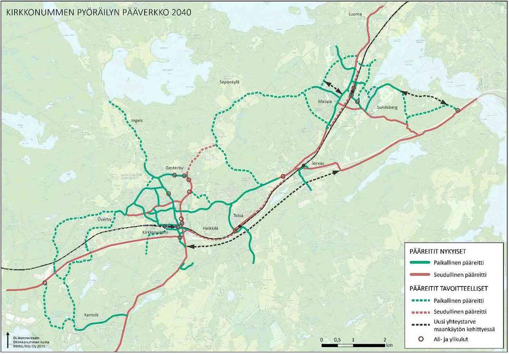 36 Kuvassa 2 on esitetty Kirkkonummen keskeisen taajamavyöhykkeen tavoitteellinen pääpyöräilyverkko vuonna 24, joka on jaettu seudullisiin pääreitteihin ja paikallisiin pääreitteihin.
