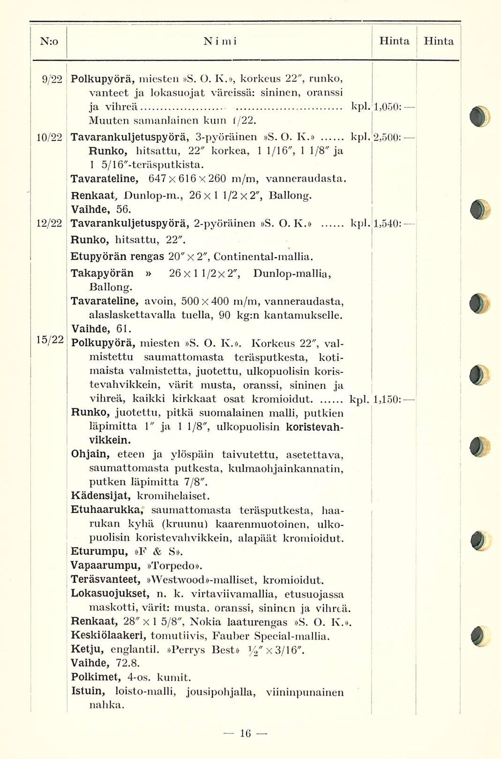 Hinta N:o Nimi Hinta j 9/22 Polkupyörä, miesten S. O. K., korkeus 22", runko, vanteet ja lokasuojat väreissä: sininen, oranssi ja vihreä kp 1.1,050: 10/22 Muuten samanlainen kuin 1/22.