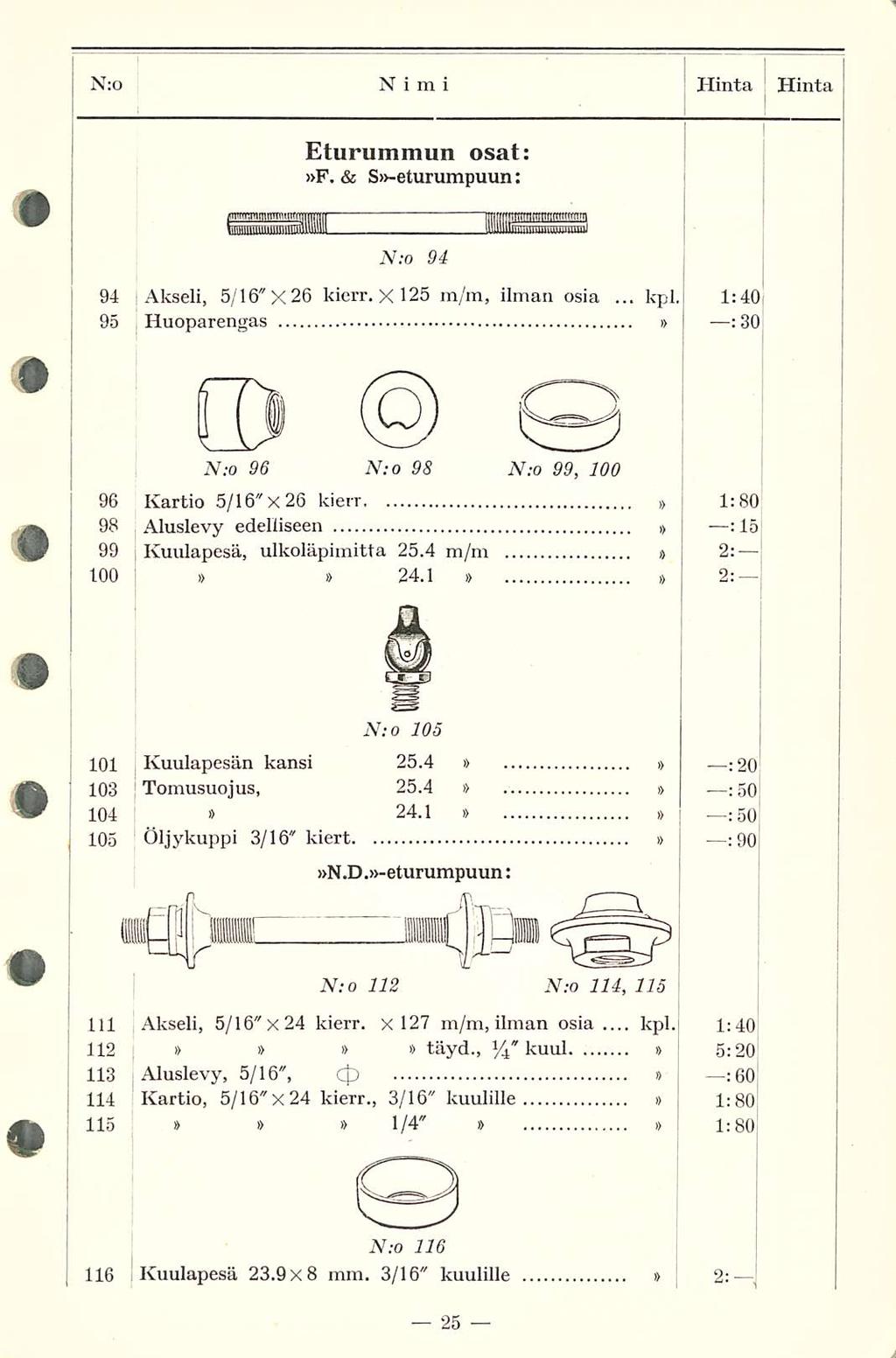 kpl. kpl. N:o NIMI Hinta Hinta Eturuinmun osat: F. & S-eturumpuiui: N:o 94 94 95 Akseli, 5/16" X26 kierr. X 125 m/m, ilman osia.
