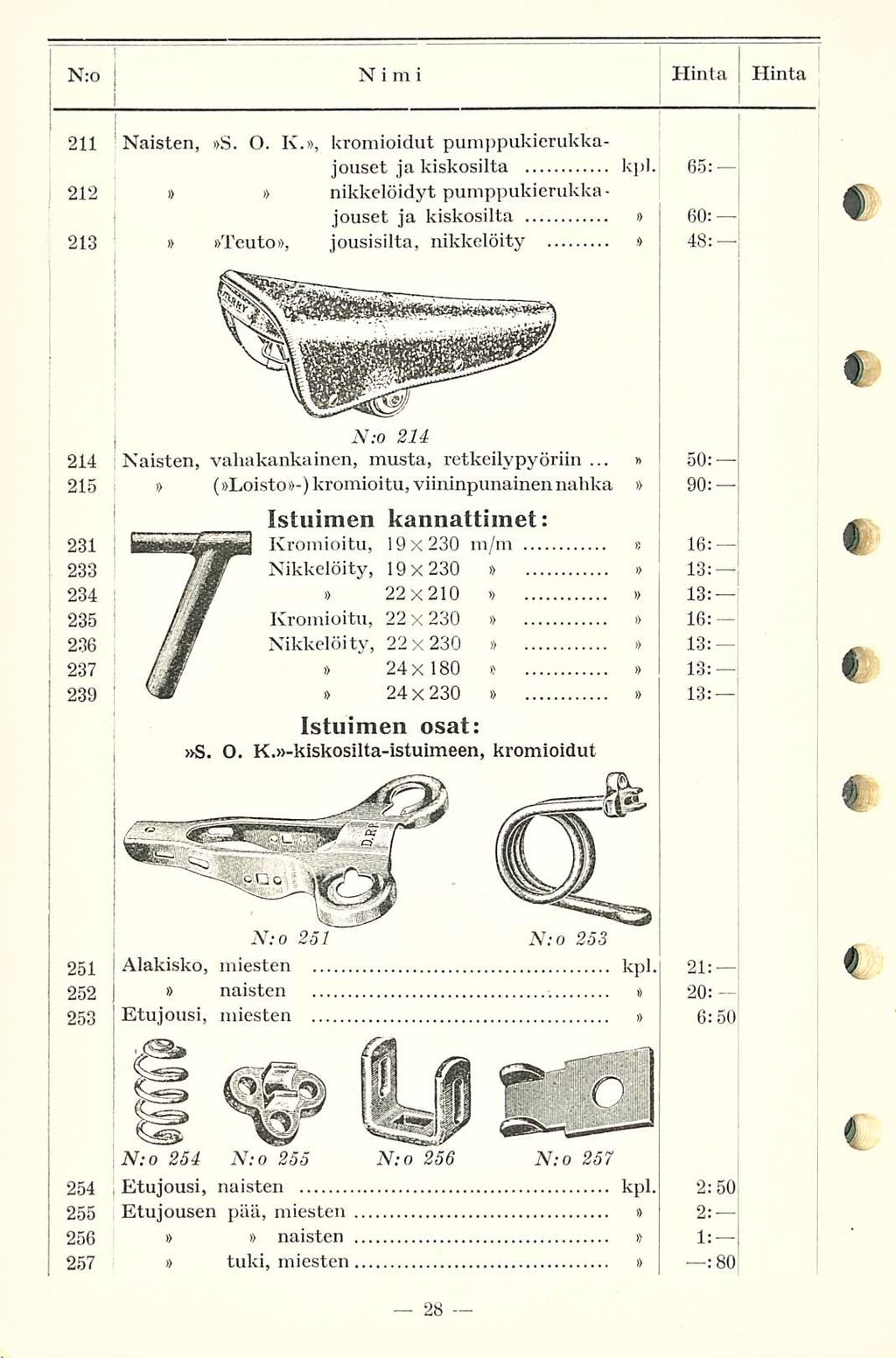 Nro Nimi Hinta Hinta 211 212 213 Naisten, S. O. K., kromioidut pumppukierukkajouset ja kiskosilta kpl.