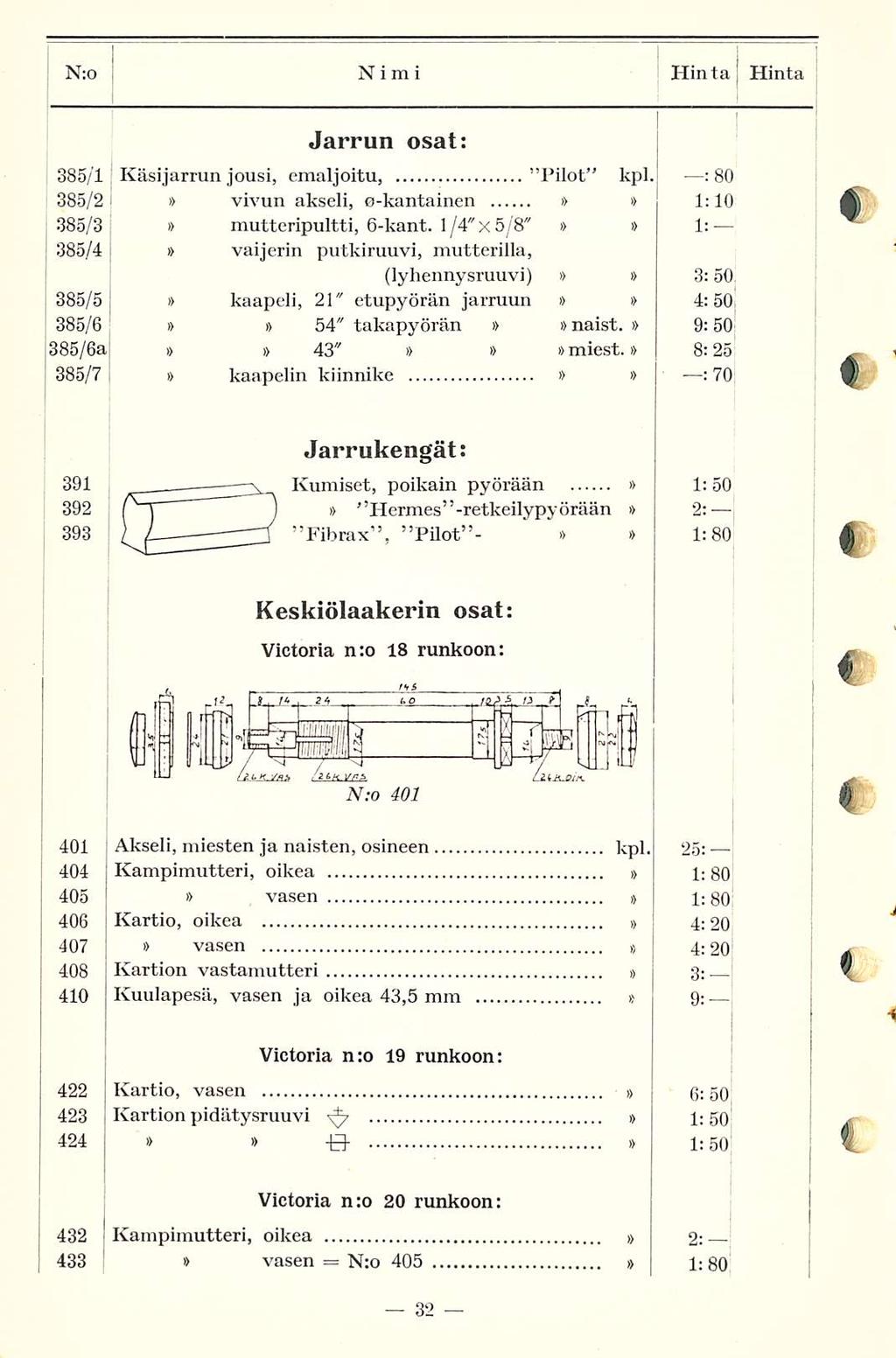 N:o N:o Nimi Hin ta Hinta 385/1 385/2 385/3 385/4 385/5 385/6 385/6a 385/7 Jarrun osat: Käsijarrun jousi, emaljoitu, "Pilot kpl. : 80 vivun akseli, 0-kantainen * 1:10 mutteripultti, 6-kant.