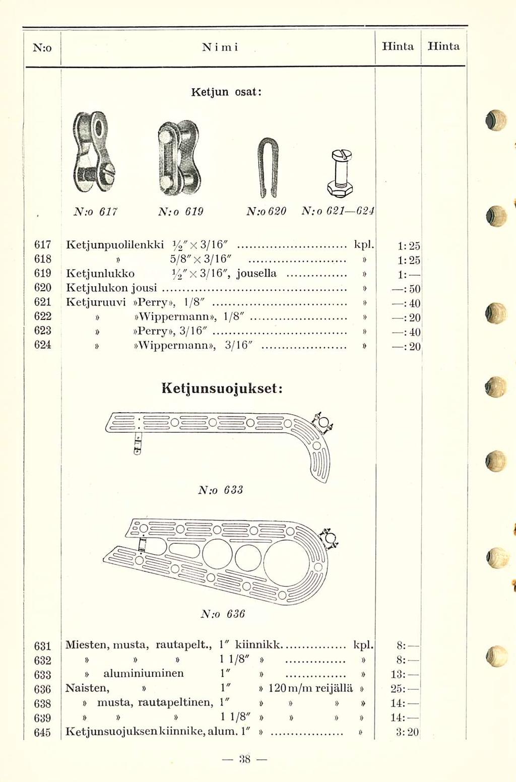 - 38 N:o Nimi Hinta j Hinta Ketjun osat: N:o 617 N: o 619 N:0620 N: o 621 624 617 618 619 620 621 622 623 624 Ketjunpuolilenkki y 2" X 3/16" kpl.