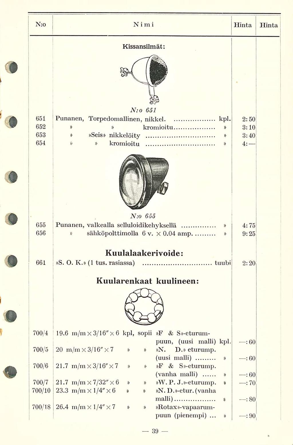 Hinta N:o NIMI Hinta Kissansilmät: 651 652 653 654 N: o 651 Punanen, Torpedomallinen, nikkel kpl.