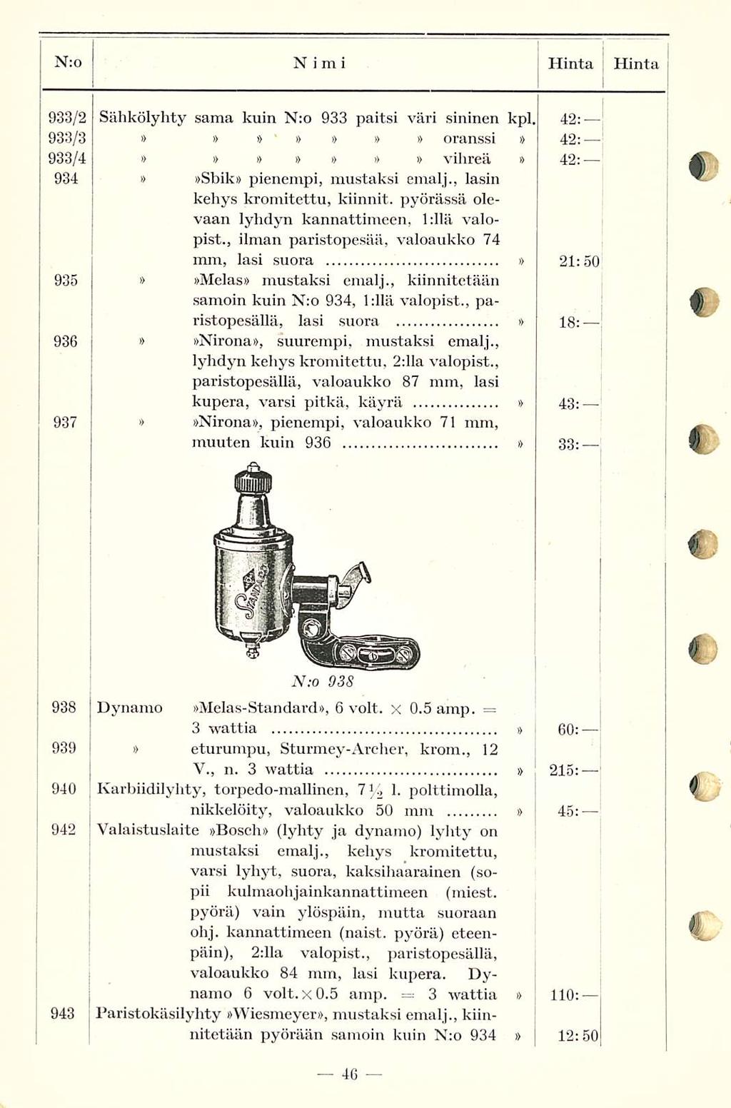 3 N:o Nimi Hinta Hinta 933/2 933/3 933/4 934 935 936 937 Sähkölyhty sama kuin N:o 933 paitsi väri sininen kpl. 42: oranssi 42: i> i> vihreä 42: Sbik pienempi, mustaksi emalj.
