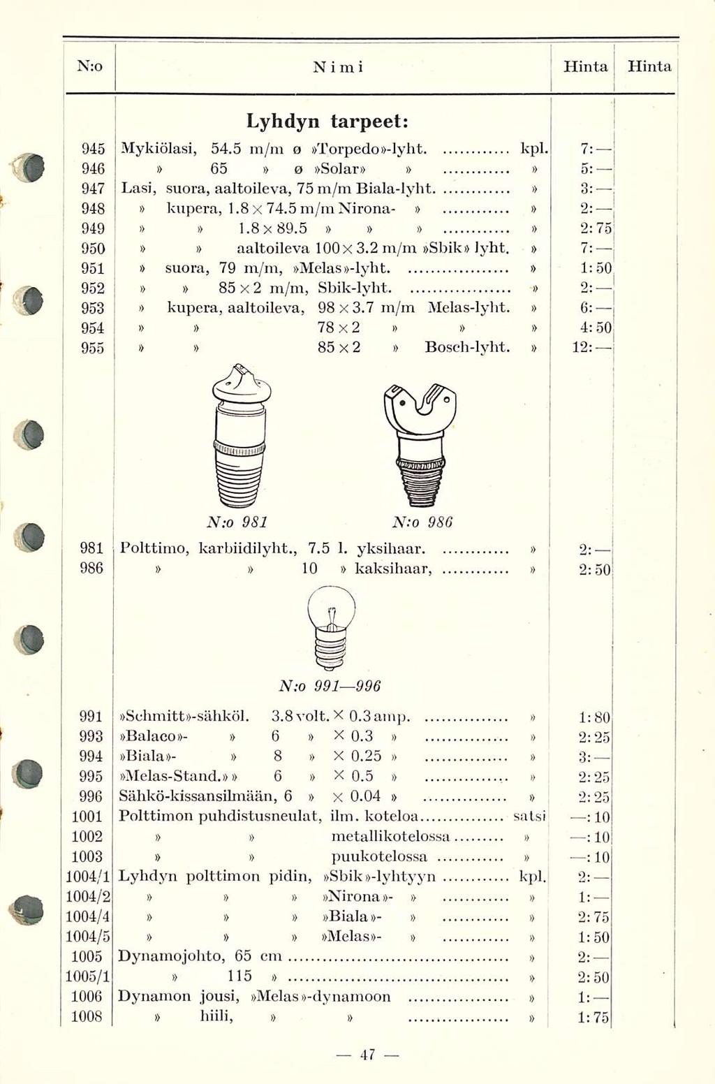 Hinta N:o NIMI Hinta 945 946 947 948 949 950 951 952 953 954 955 Lyhdyn tarpeet: Mykiölasi, 54.5 m/m o Torpedo-lyht kpl. 7: 65 o Solar 5: Lasi, suora, aaltoileva, 75 m/m Biala-lyht 3:, kupera, 1.