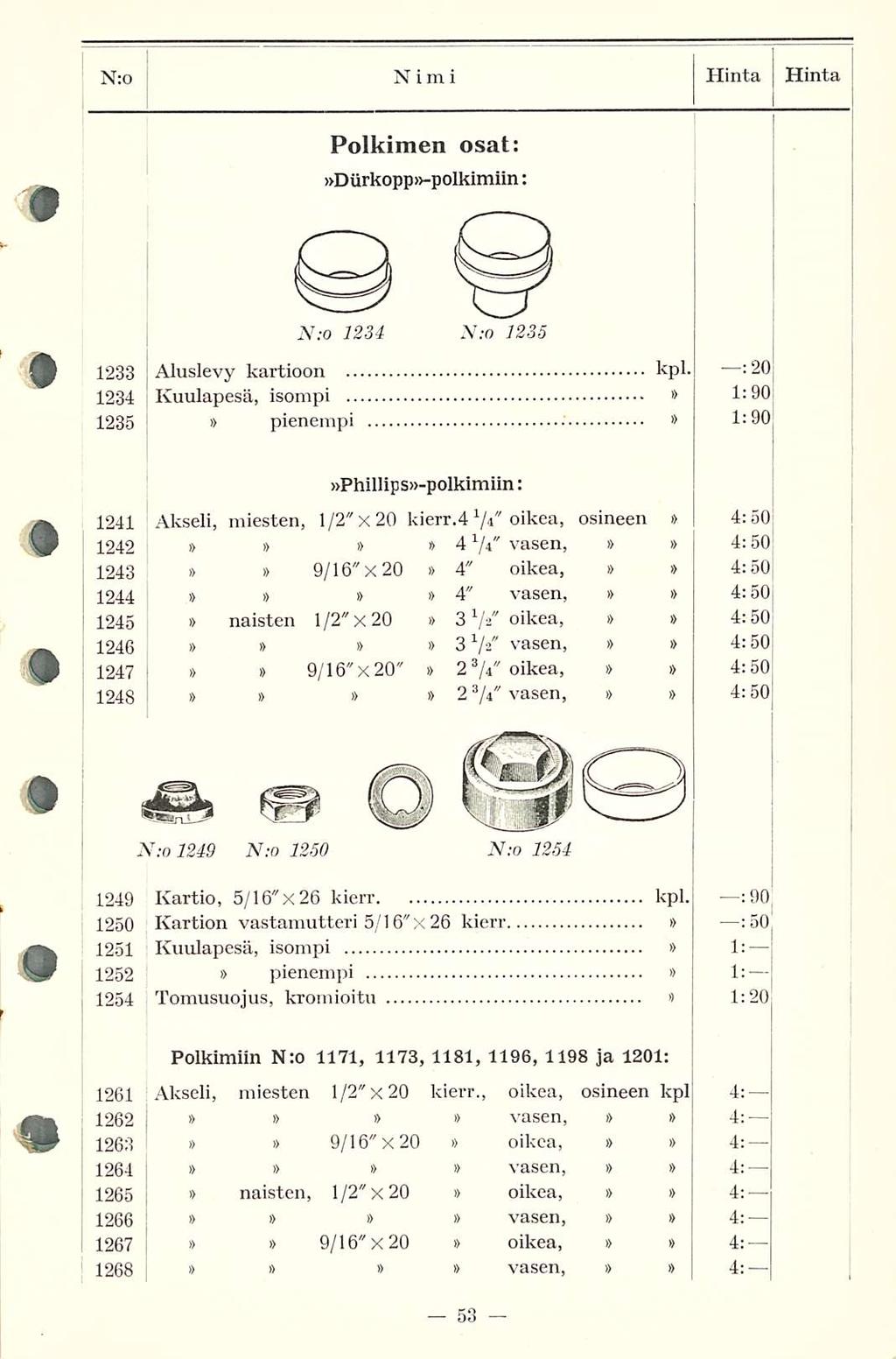 Hinta N:o NIMI Hinta Polkimen osat: Durkopp-polkimiin : N:o 1234 N:o 1235 1233 1234 1235 Kuulapesä, isompi O 1:90 Aluslevy kartioon kpl.
