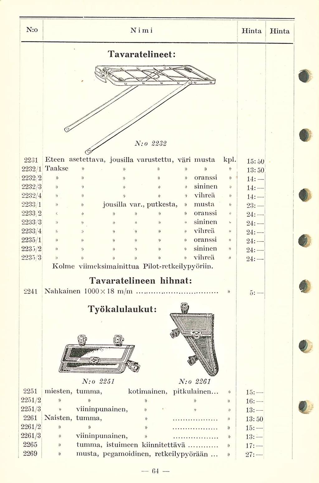1 N:o Nimi Hinta Hinta Tavaratelineet: 2231 2232/1 2232/2 2232/3 2232/4 2233/1 2233/2 2233/3 2233/4 2235/1 2235/2 2235/3 2241 N; o 2232 Eteen asetettava, jousilla varustettu, väri musta kpl.